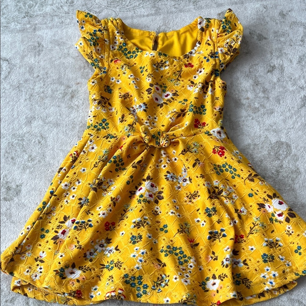 Girls' Yellow Floral Knot-Waist Dress